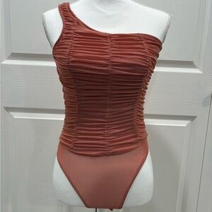 Timing One-Shoulder Ruched Clay Brown Swim One-Piece